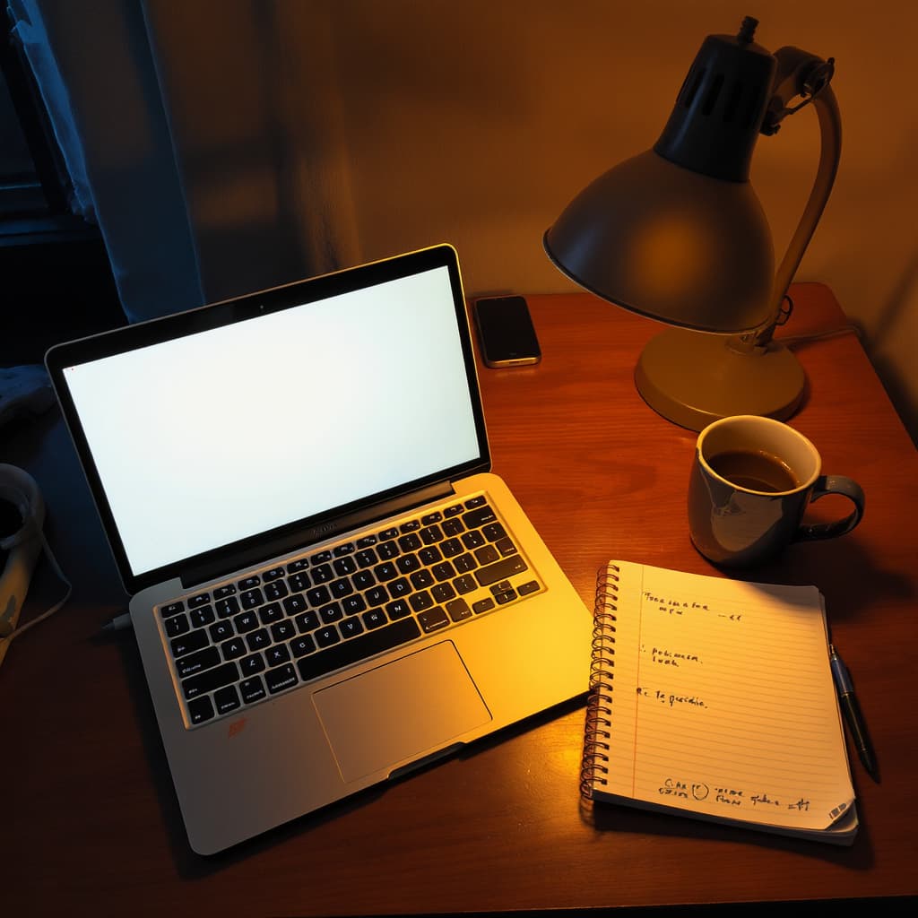 A lamp-lit Sunday-evening desk with an open laptop, a chipped mug of coffee, a strewn spiral notebook and a phone face-down.