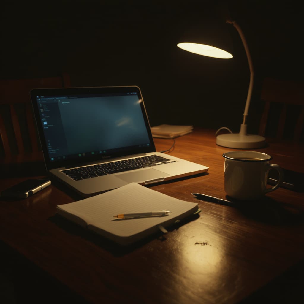A dining-table workspace late at night, lit only by a warm desk lamp, with a laptop open over a notebook and a worn enamel mug.